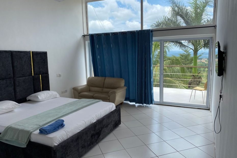 “Spacious hotel room with a large bed, elegant decor, and a stunning